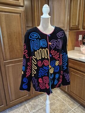 Indigo Moon Black Multicolor Embroidered Swirls Jacket Womens Size 1XL, India